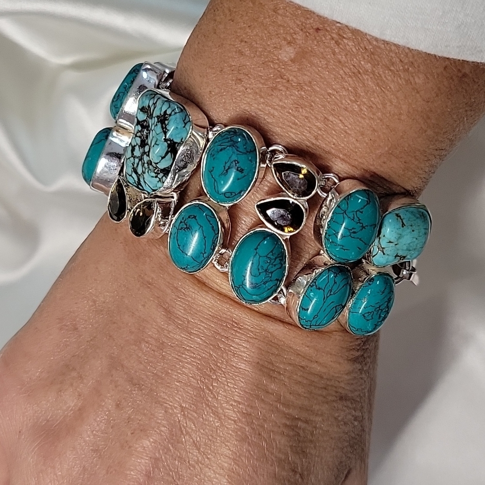 Turquoise Howlite Chocolate Quartz Natural Gemstone S925 Bracelet - Picture 3 of 10